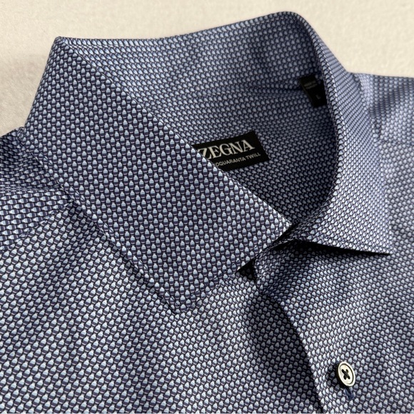 Zegna Men's Centoquaranta Twill Sport Button Up Shirt Mini Print Blue Large
